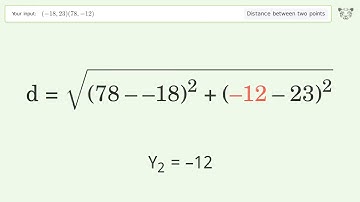 Find the distance between two points p1 (-18,23) and p2 (78,-12): Step-by-Step Video Solution