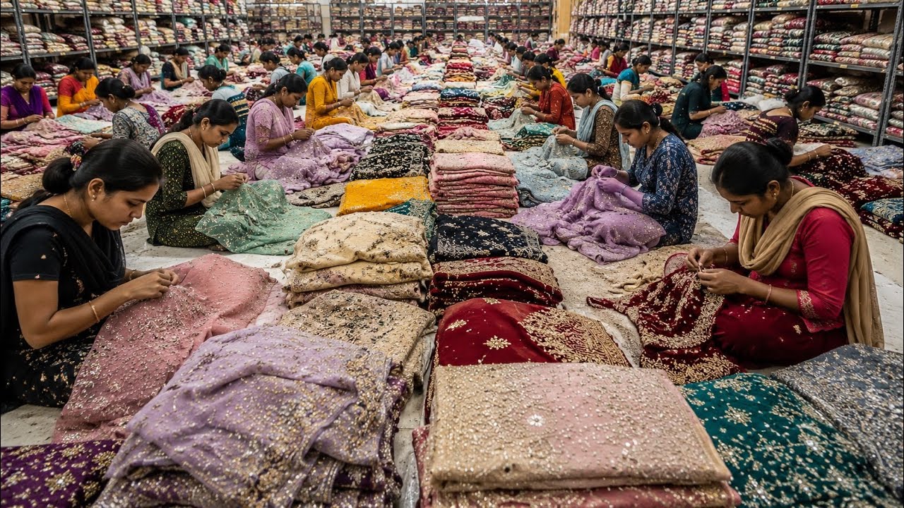 Saree Wholsale Market Surat | Beads-work Saree Collection | Surat Sari Factory | New Bombay Market 