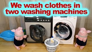 🐷 We wash clothes in two washing machines by HAPPY PIGS (toy washing machines modified)