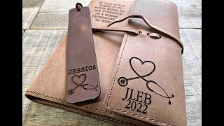 Custom Engraved Leather Journal with custom leather bookmark.