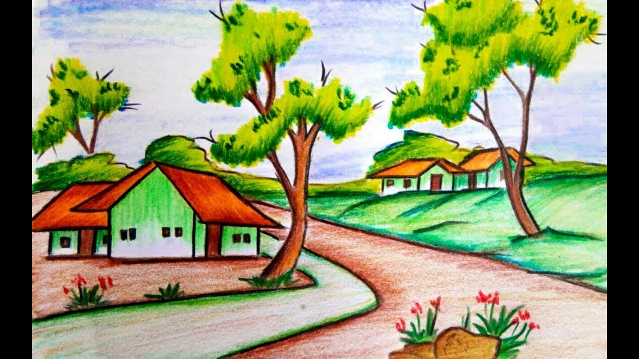 How to draw  a village scenery of beautiful  nature  step by 