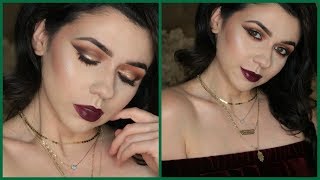 Full Coverage Christmas Glam Makeup Tutorial - Gold Smokey Eye and Cranberry Lip