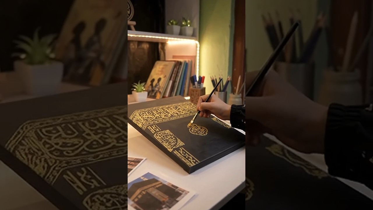 Painting the Kaaba: Gold Arabic Calligraphy Art #shorts #art #painting #drawing