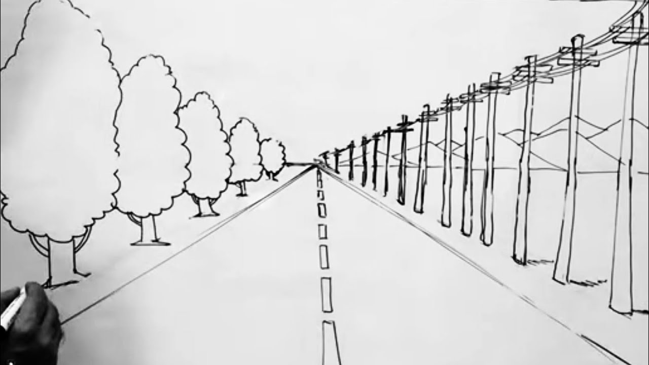 How to Draw a Trees and electric post in 1-Point Perspective for ...