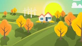 Sunset landscape illustration with mountains trees and mill