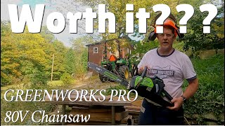 REVIEW: Greenworks Pro 80V Chainsaw 18Inch Brushless Cordless ,  GCS80450 and GCS80421