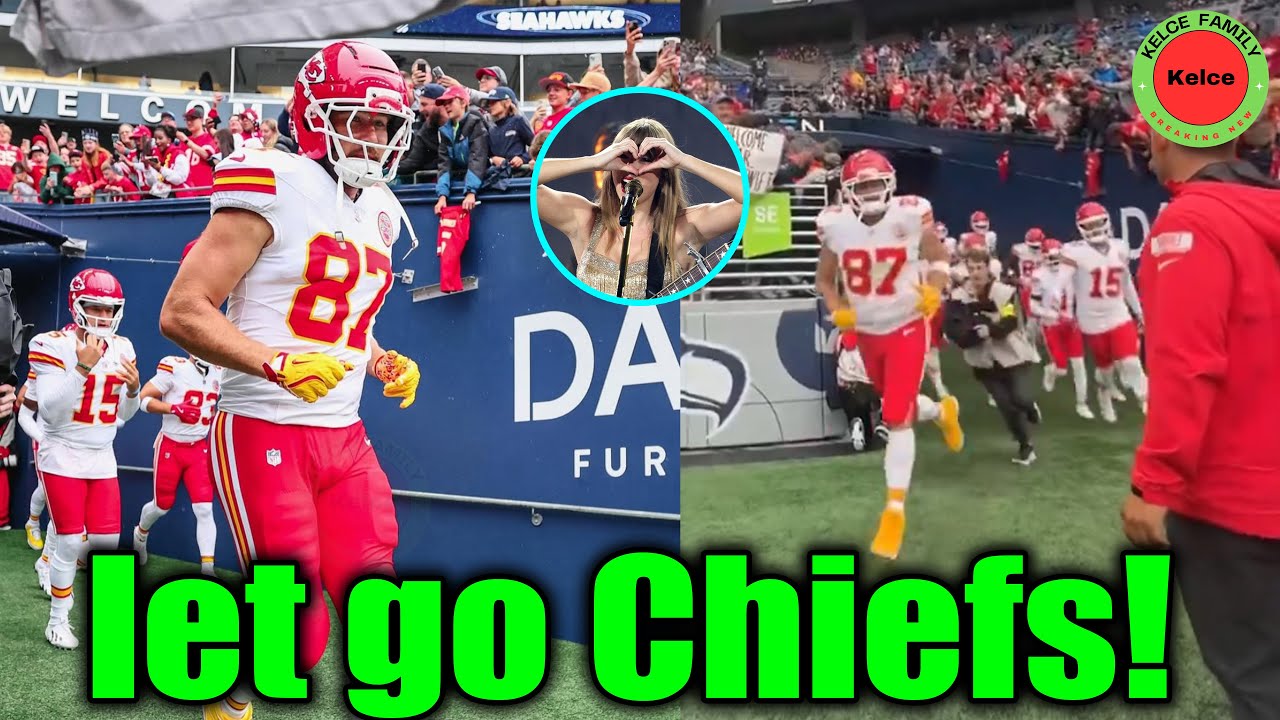 Travis Kelce excitedly leads his teammates onto the field during at Chiefs  vs Seahawks game
