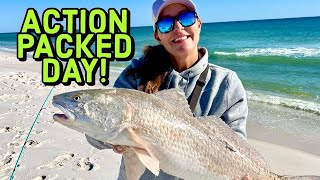 GIRL finds HONEY HOLE while saltwater FISHING FROM SHORE!