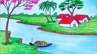 how to draw simple and beautiful scenery/how to draw beautiful scenery with oil pastels / drawing.