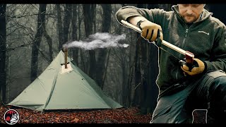 HOT TENT Camping in Rain and Wind - Relax in a Warm Tipi Tent with Wood Stove - Bushcraft ASMR