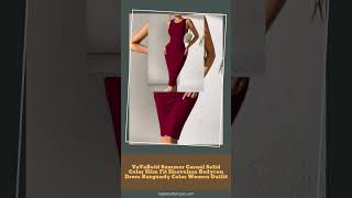 VaVaBold Summer Casual Solid Color Slim Fit Sleeveless Bodycon Dress Burgundy Color Women Outfit