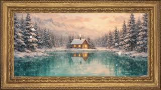 Turquoise Winter Lake at Sunset | Cozy Cabin Snowfall | Vintage Frame TV Art 4K screenshot 5