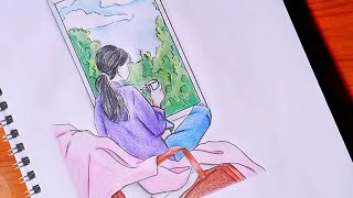 easy girl back side drawing ||girl sitting in the window drawing ||color pencil drawing tutorial