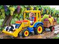 Monkey Wiwi the JCB Tractor Excavator to Harvest Grapes &amp; Rescues a Dairy Cow Stuck in Mud!