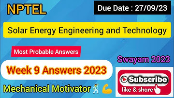 Solar Energy Engineering and Technology | Week 9 Quiz | Assignment 9 Solution | NPTEL | SWAYAM 2023