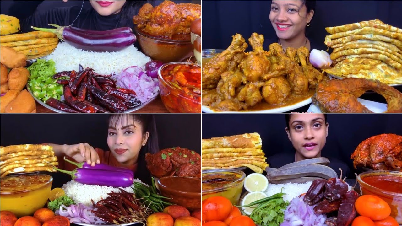 Asmr Eating Spicy 🌶Dal Chawal with Begun Pora Bharta Kela Bharta Lots of Omelette🔥 Whole Chicken 😋