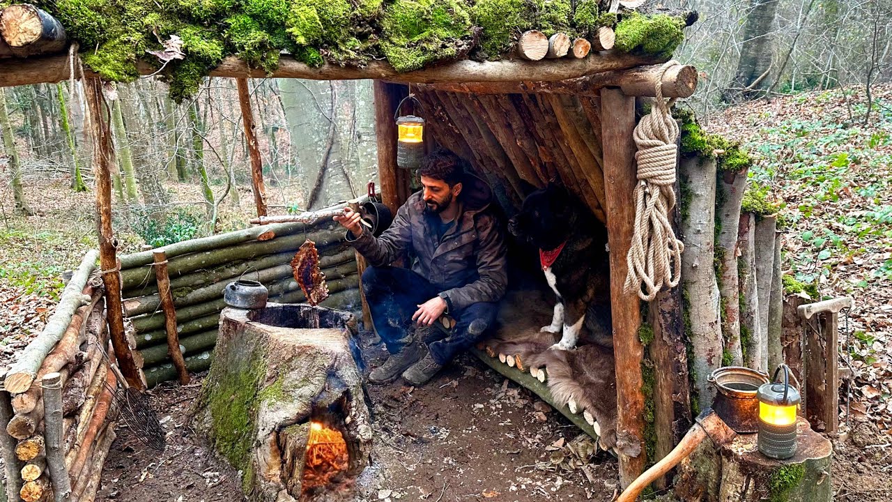 Building a Bushcraft Shelter for SURVIVAL CAMPING in Rain. Big Swedish  Stove - Lamb Cooking - Asmr 