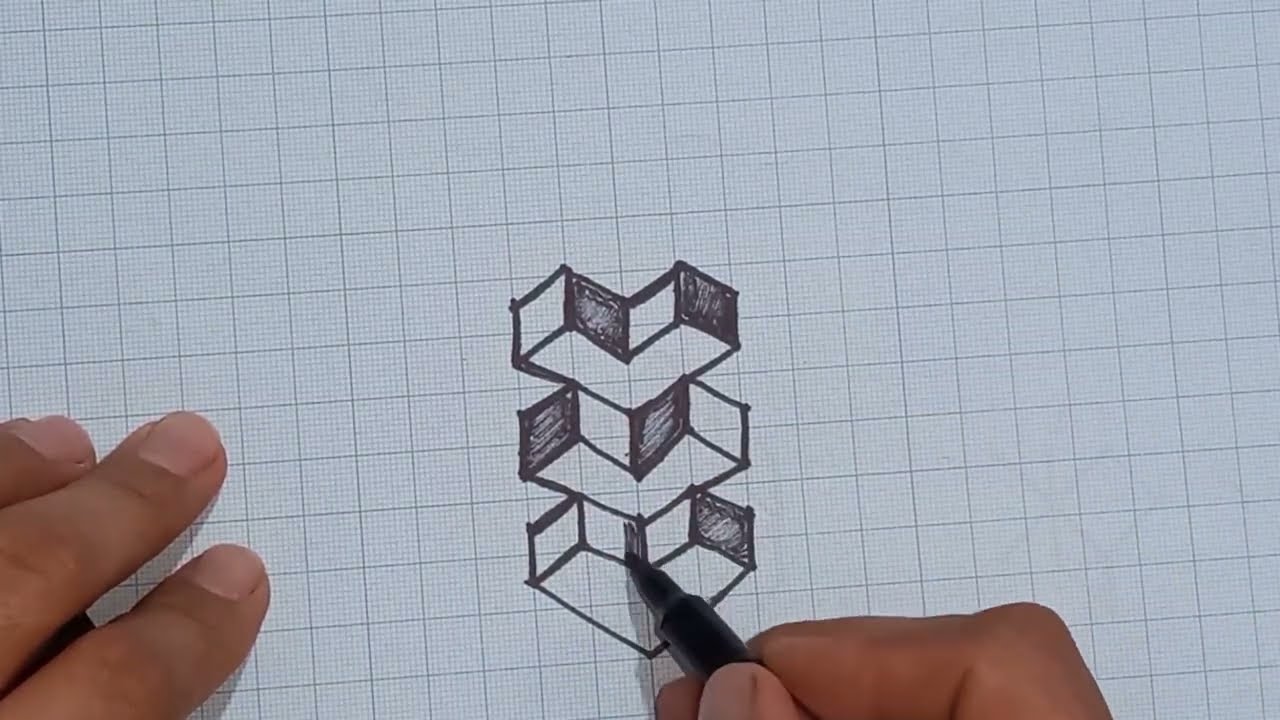 Simple 3D Heart Drawing on Grid Paper