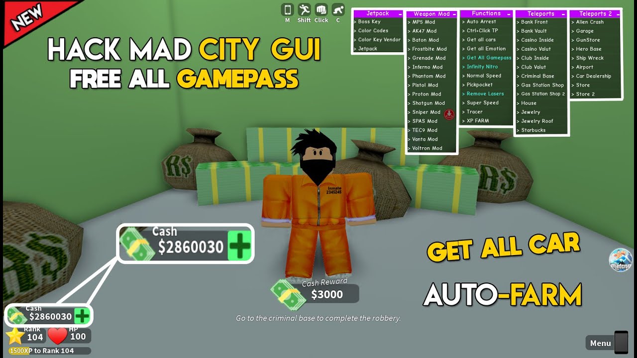 Roblox Mad City Hack Gui Free All Gamepasses Teleport All Cars - roblox mad city hack gui free all gamepasses teleportall