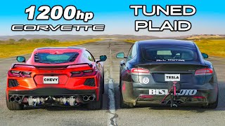 Кто победит в заезде: Corvette C8 с 1200 л.с или же Model S Plaid?
