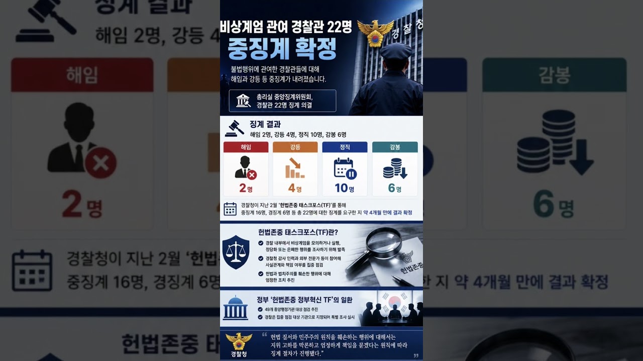 #비상계엄 #경찰징계 #중앙징계위원회 #경찰청 #헌법존중TF #해임 #강등 #정직 #감봉 #공직기강 #공직사회 #법치주의 #헌법수호 #경찰개혁 #사회이슈 #한국미디어일보