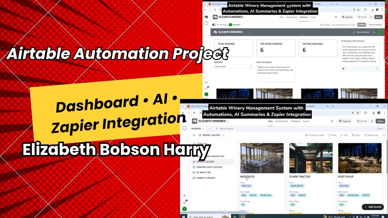 Airtable winery management system dashboard with AI summaries