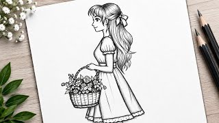 Beautiful Girl with Flower Basket Pencil Drawing | Easy Pencil Sketch Step by Step.