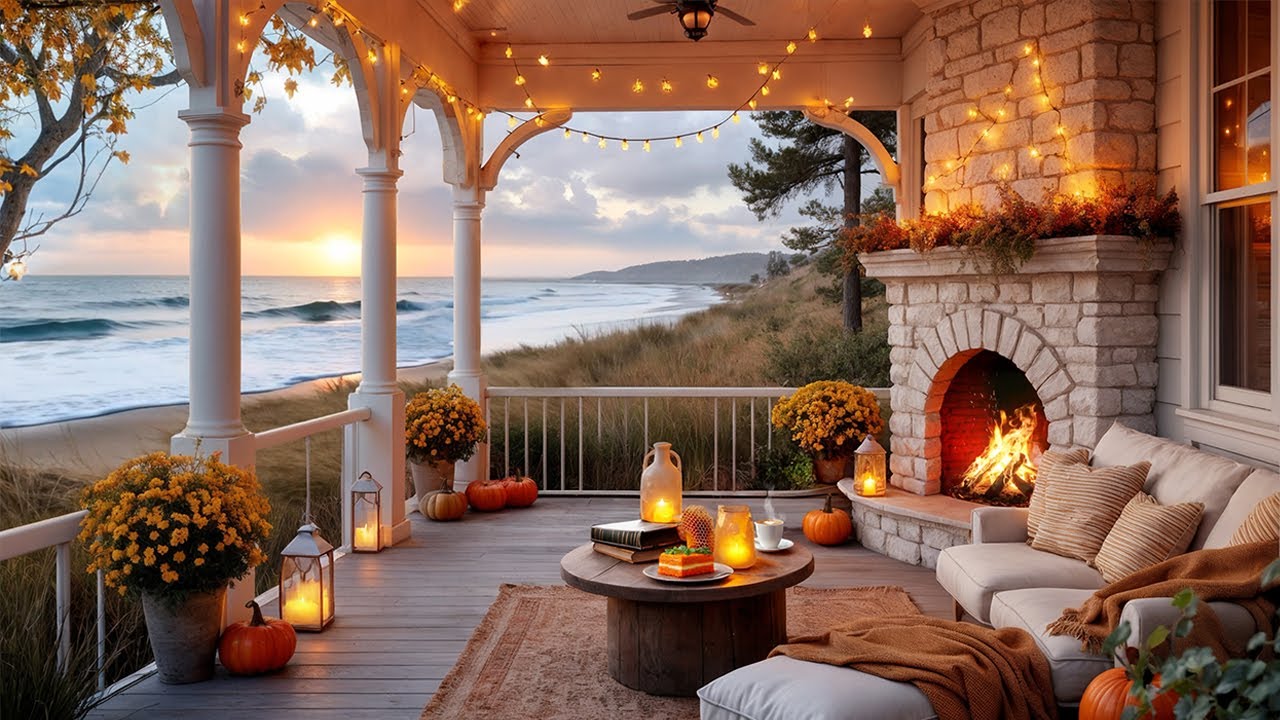 🍂🌊 Cozy Seaside Porch | Pumpkins, Fireplace, Ocean Waves, Carrot Cake & Cappuccino 🎃☕🔥✨