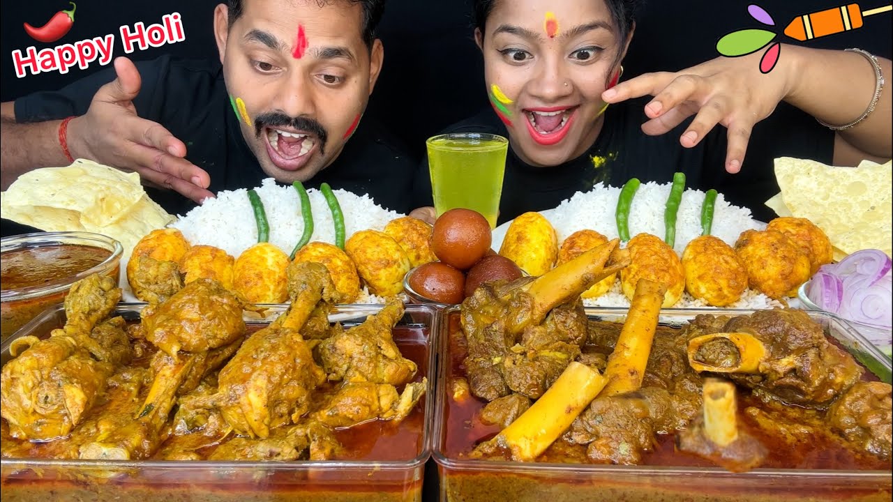 Mutton Curry, Chicken Curry, Egg Masala, Gulab Jamun, Maal Pua Eating 😋🌶️ Big Bites 