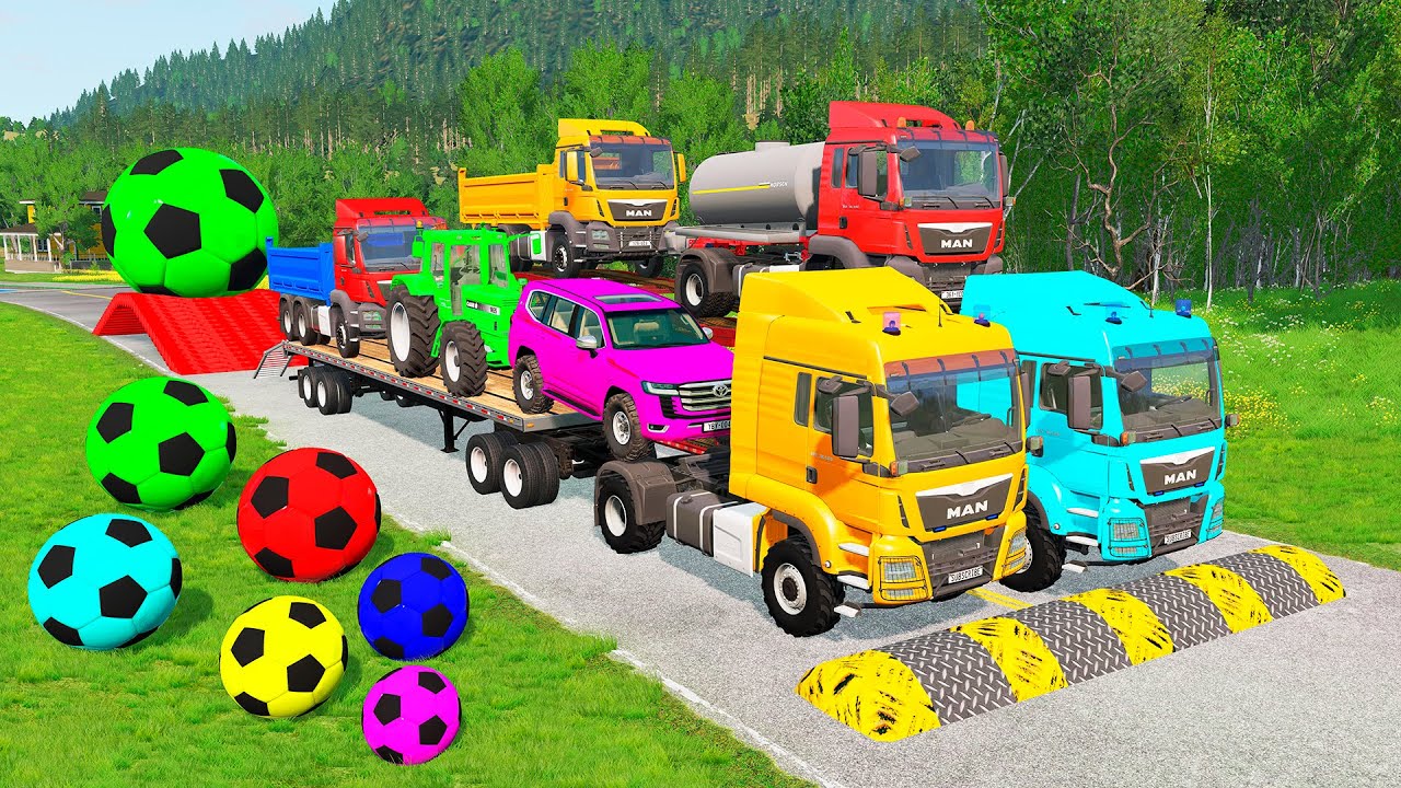 Flatbed Trailer McQueen Transportation with Truck - Speedbumps vs Cars vs Train - BeamNG.Drive #44