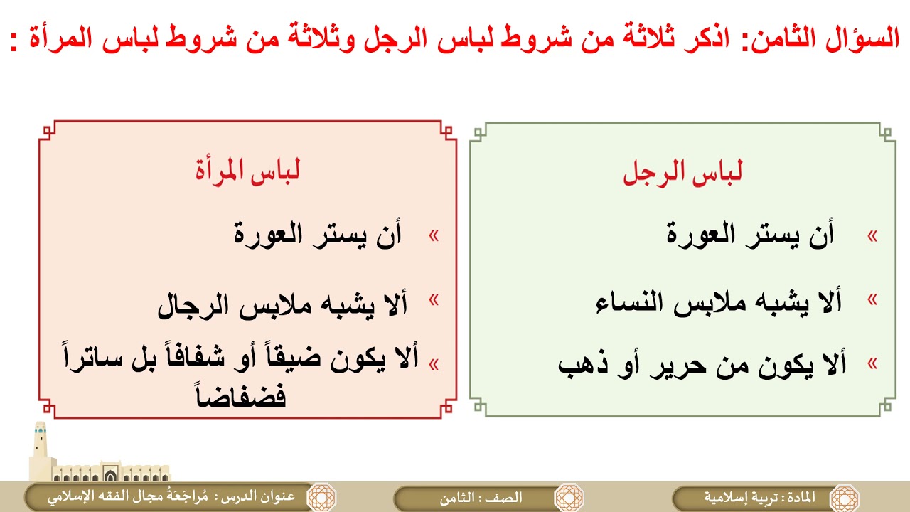 الصف الثامن   التربية الإسلامية   مراجعة الباب الثاني  الحديث الشريف