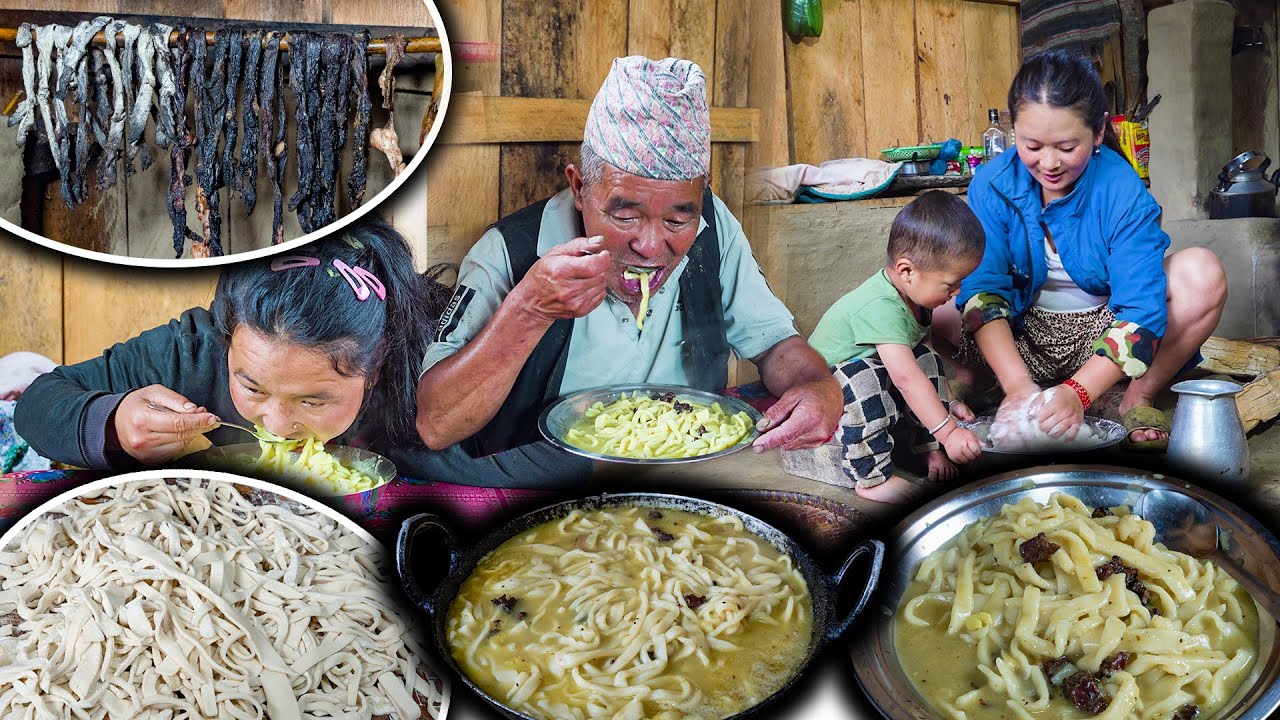Home made buff Noodles Making & eating in Village Kitchen || Nepali Village Style Cooking food vlog