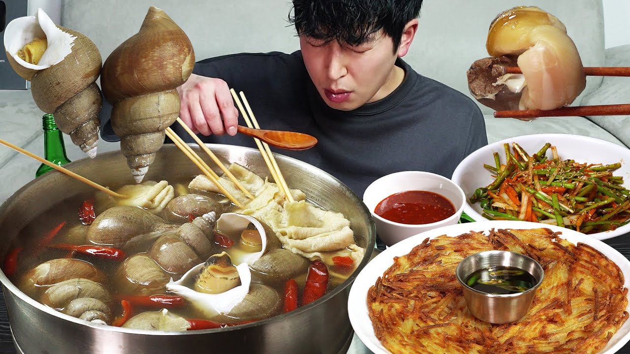 Вкусный суп из морских улиток, картофельный блин! MUKBANG REALSOUND ASMR EATING SHOW