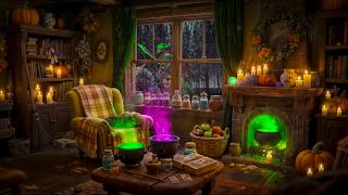 Cozy Witch Cottage - Halloween Ambience | Relaxing Fireplace, Rain & Thunderstorm Sounds for Sleep