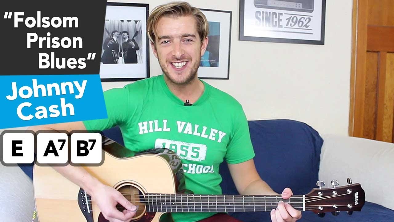 Johnny Cash - Folsom Prison Blues acoustic guitar tutorial // 3 chords + SOLO