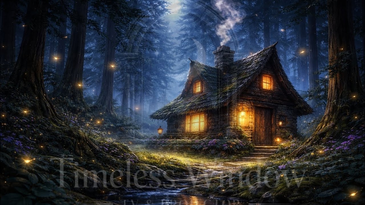 Witch’s Forest Cabin at Night 🌙 Cozy Forest Sounds, Crickets for Sleep, Relaxation & Projector
