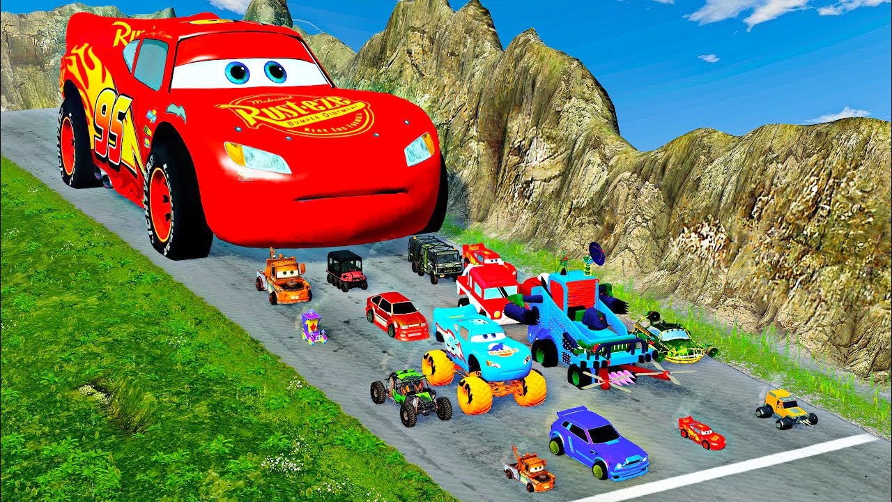 Big & Small Lightning McQueen Monster Wheels vs Pixar Cars with Big Wheels in BeamNG Drive #11