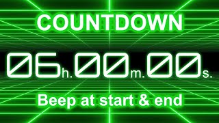 6 Hour Countdown Timer | Start/End Beeps | Neon Green Grid | 4K