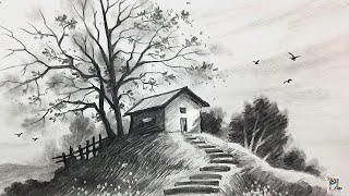 How to draw a House on Hill in Landscape Art