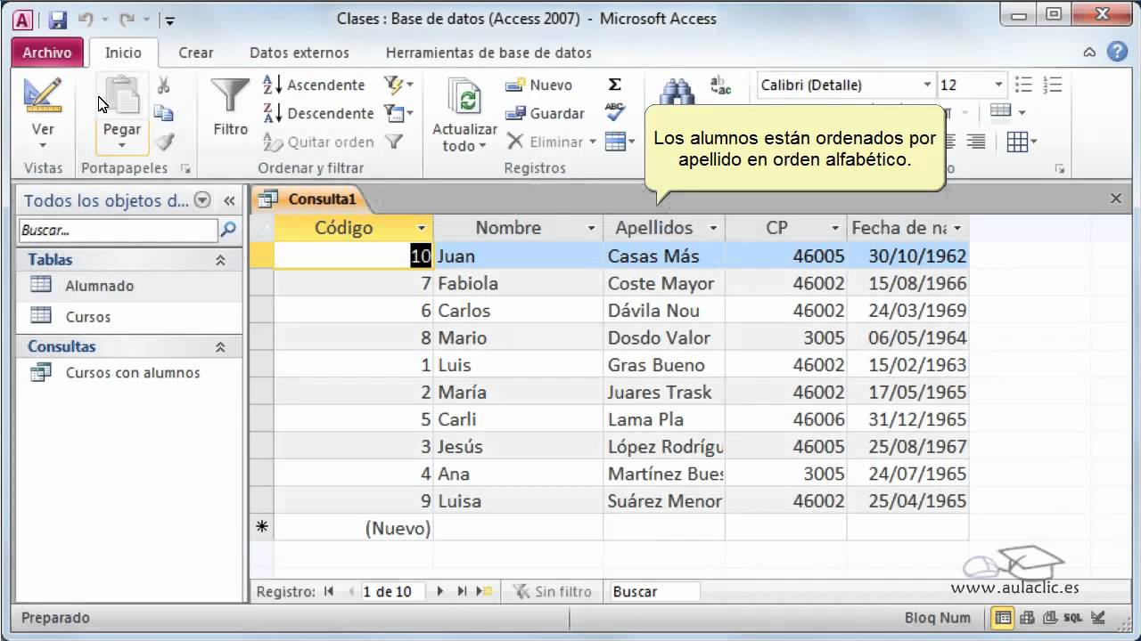 Curso de Access 2010. 7.2. Ordenar y filtrar consultas. 
