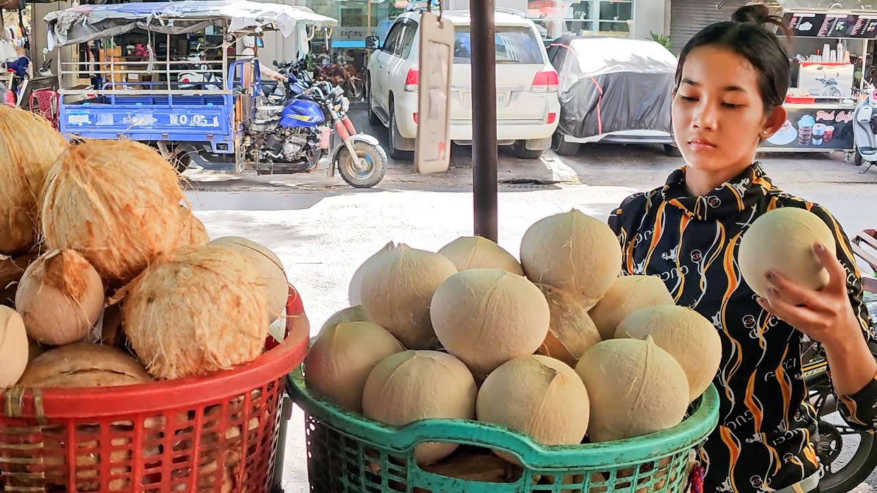 ⁣Amazing! Cambodian Lady Coconut Fruit Cutting Skills - Cambodian Street Food