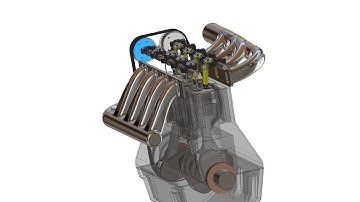 SolidWorks assembly motion  driven by mates 4 cylinder engine with pistons, cams and valves