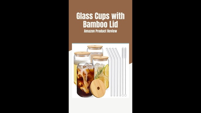  FASISOY Glass Cups with Bamboo Lids and Straws 4pcs