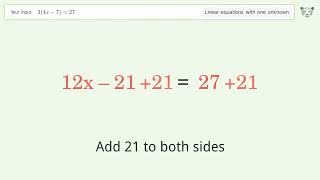 Linear equation with one unknown: Solve 3(4x-7)=27 step-by-step solution