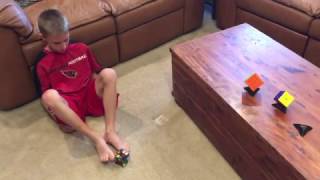 Luke Thoresen solves Rubik's Cubes with his feet