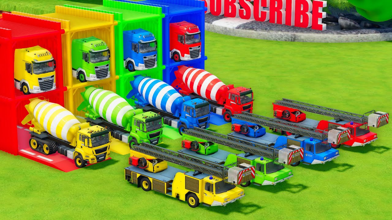 Garage with Colors - ALL MIXER TRUCK WITH DOUBLE FLATBED TRAILER TRUCK, DAF, MAN, LIZARD - FS22
