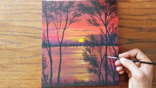رسم بالالوان المائية / رسم لوحة غروب الشمس و الاشجار خطوة بخطوة