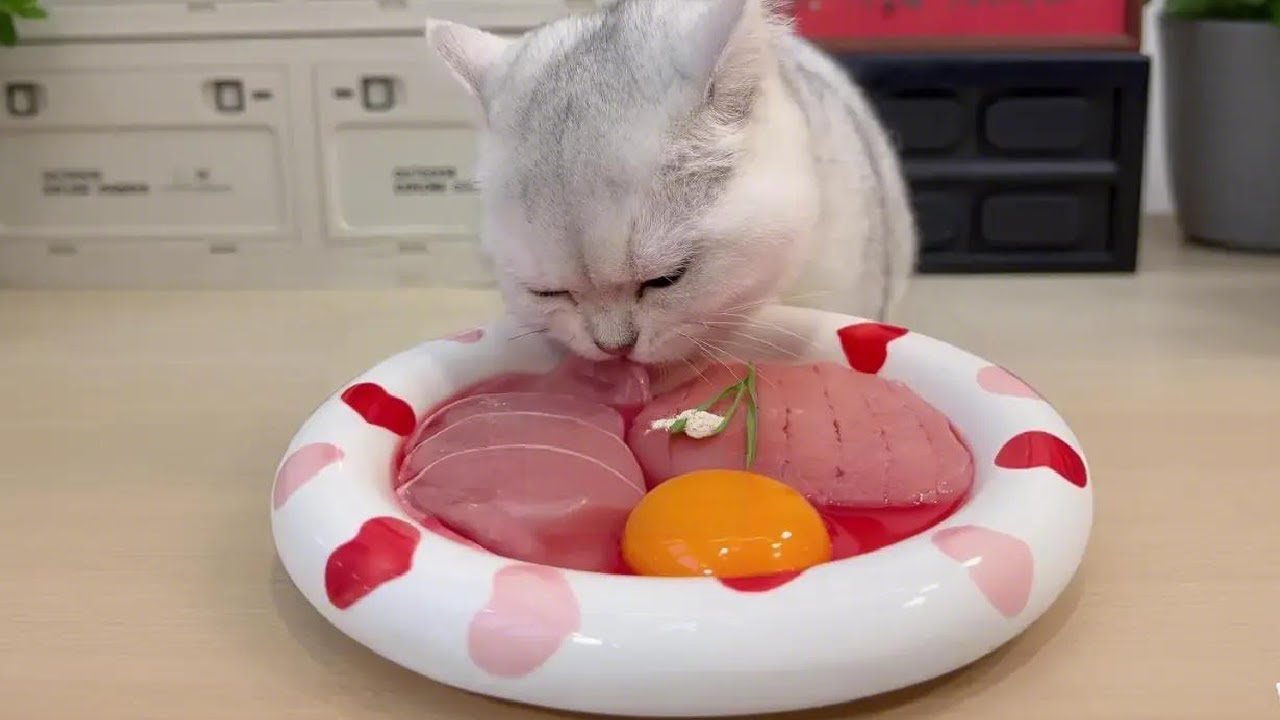 cat eat meatslices 🥩🥚🍳|cat eating sliced meat 🐓| ASMR cat mukbang 