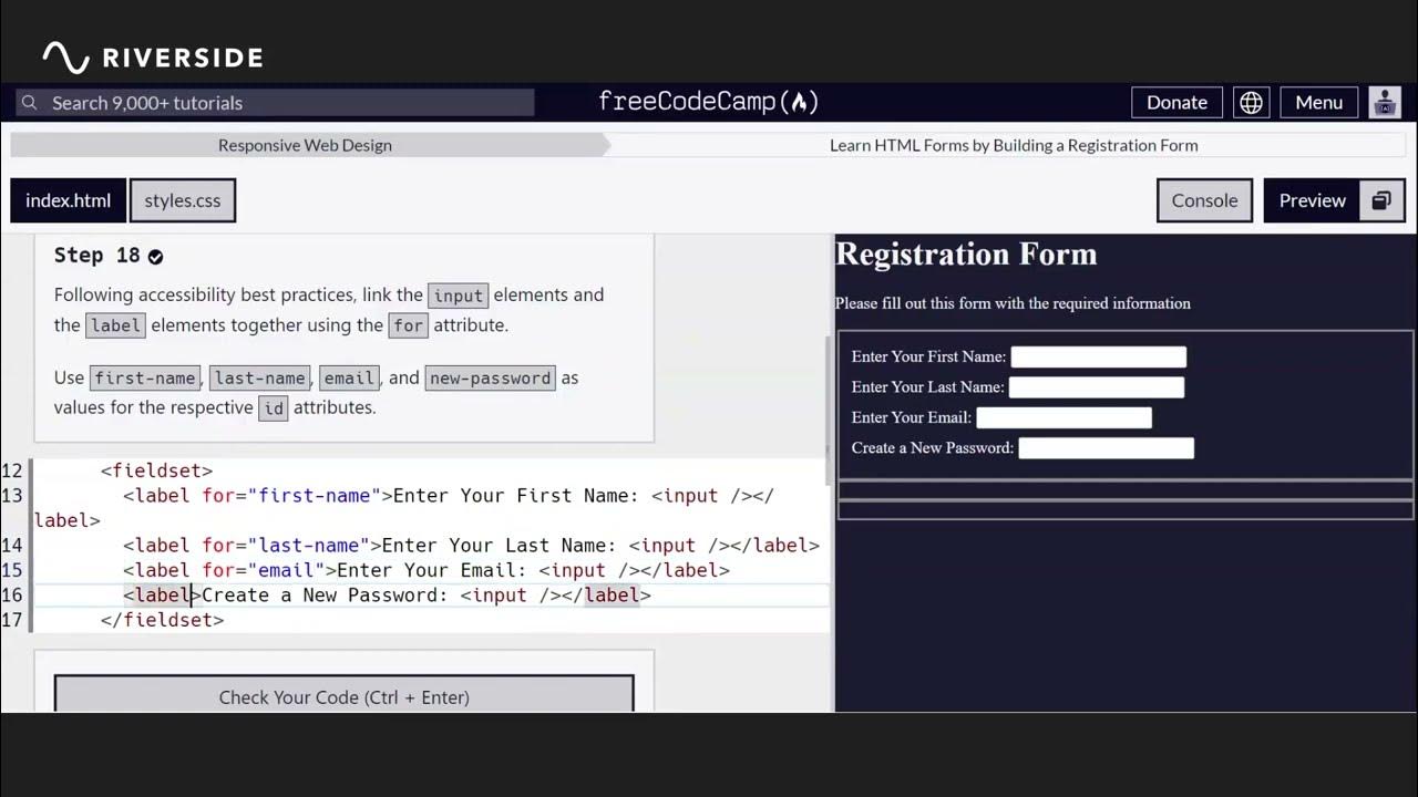 Responsive Registration Form Basic Html and Css freecodecamp Step 1 ...