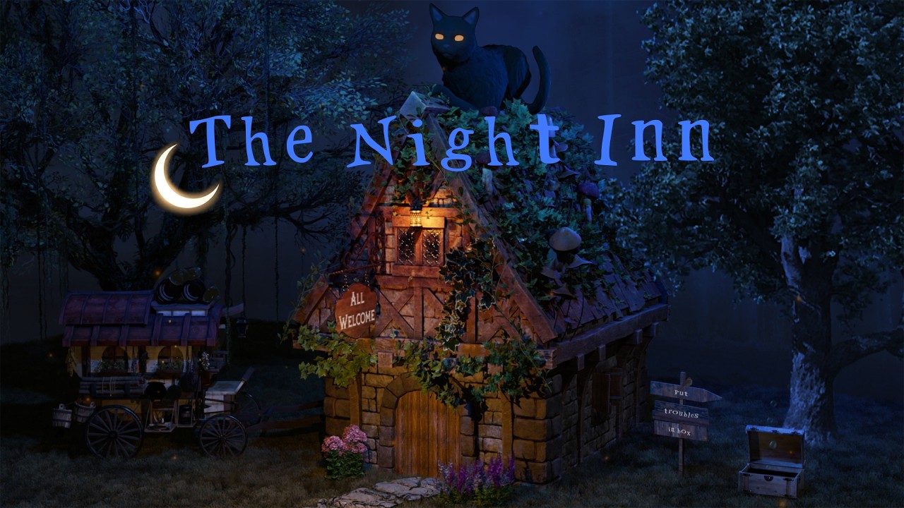 The Night Inn and Its Cat Guardian | leaves rustle, crinkle, soft crickets | ASMR Ambience | No AI
